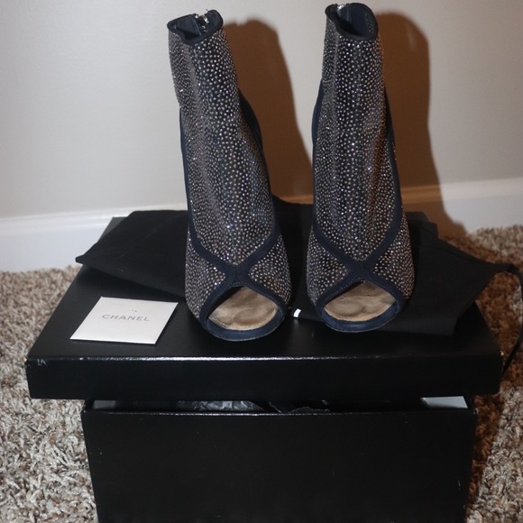 Chanel Blue Suede Peep-toe Glitter Bootie with Lucite Heel - Picture 2 of 7